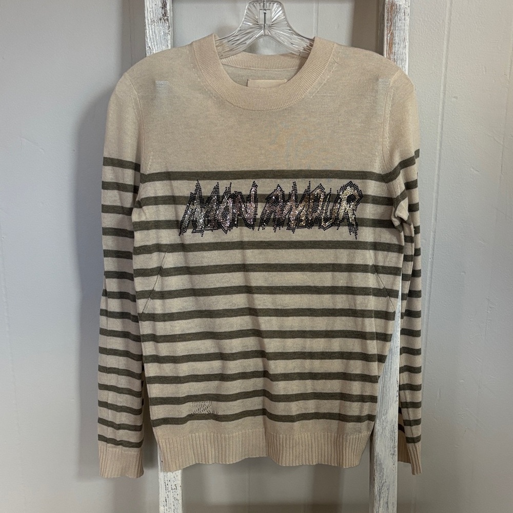 100% Cashmere Zadig & Voltaire Beige/Gray Striped Sweater with Sequin Graphic